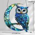 Stained glass owl on crescent moon suncatcher, blue bird window hanging, 20cm height - 15*15*0.2 / Crescent Moon Owl Style (35)