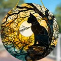 Stained glass style acrylic cat moon suncatcher hanging ornament - Moonlight Black Cat Pattern (49) / 15x15x0.2cm