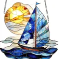 Whimsical sailboat stained glass suncatcher featuring a vibrant sun and blue ocean waves - 15*15*0.2 / Sunset Sailing Ship (65)