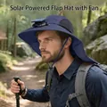 Cappello da pescatore blu con ventola solare, tesa larga e protezione per il collo all'aperto - Regolabile / Blu scuro (Ventilatore solare potenziato)