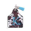 Western cow print leather keychain with blue initial K and matching tassel charm - Letter K Style (20111)