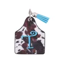 Western cow print ear tag keychain featuring a blue glitter letter T and tassel. - Letter T Style (20110)