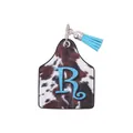 Retro Western style cow print leather keychain tag featuring blue letter R and tassel - Letter R Style (20108)