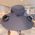 Cappello da sole grigio con ventola solare a tesa larga per pesca e outdoor protettivo. - Regolabile / Cappello con ventilatore solare a doppio foro (Grigio scuro)