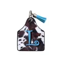 Western vintage ear tag leather keychain with cow print and blue letter L charm tassel - Letter L Style (20137)
