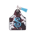 Vintage western farm ear tag keychain with cowhide print and blue tassel initial S - Letter S Style (20109)