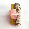 Natural white sage smudge bundle with palo santo stick and raw rose quartz crystal - Rose Quartz Raw Stone + 10cm Palo Santo + 10cm White Sage