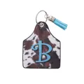 Western farm style cattle tag keychain with cow print and blue letter B - Letter B Style (20086)