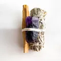 Bouquet de sauge blanche naturelle avec bâton de Palo Santo et cristal d'améthyste - Améthyste Pierre Brute + 10cm Palo Santo + 10cm Sauge Blanche