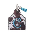 Custom Western cowhide pattern ear tag leather keychain with blue letter C and tassel detail - Letter C Style (20087)