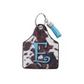 Western farm ear tag leather keychain with cowhide print and blue letter E with tassel - Letter E Style (20088)