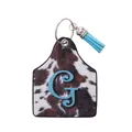 Custom cow print leather ear tag keychain with letter G and blue tassel detail - Letter G Style (20089)