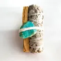 Handcrafted California white sage bundle with Palo Santo stick and raw gemstone - Amazonite Raw Stone + 10cm Palo Santo + 10cm White Sage