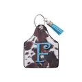 Western cow print leather ear tag keychain featuring a blue letter F and matching tassel - Letter F Style (20090)