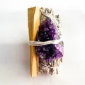 Natural California white sage incense bundle with Palo Santo stick and Amethyst crystal - Amethyst Cluster + 10cm Palo Santo + 10cm White Sage