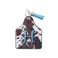Vintage Western cowhide print leather ear tag keychain with blue initial H and tassel - Letter H Style (20091)