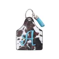 Western ranch style cowhide print leather ear tag keychain with blue glitter letter A and tassel - Letter A Style (20093)