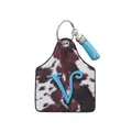 Retro western cowhide ear tag leather keychain with blue letter V and tassel variant - Letter V Style (20099)