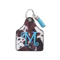 Cow print leather farm tag keychain with blue letter M and tassel accessory - Letter M Style (20101)