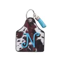 Western cow print leather ear tag keychain with blue glitter letter N and tassel - Letter N Style (20102)
