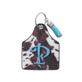 Western style cowhide pattern leather ear tag keychain featuring a blue initial P and tassel - Letter P Style (20103)
