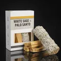 Natural White Sage bundle and Palo Santo sticks incense set in a white display box. - White Sage & Palo Santo [English Version] - 1 Sage 5 Palo Santo