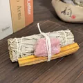 Natural White Sage bundle and Palo Santo stick with Rose Quartz crystal - Pink Opal Raw Stone + 10cm Palo Santo + 10cm White Sage