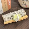 Natural California white sage smudge bundle with palo santo and green raw crystal - Lemon Quartz Raw Stone + 10cm Palo Santo + 10cm White Sage