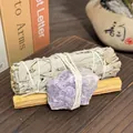 Natural white sage smudge bundle with amethyst crystal and palo santo wood purification kit - Lepidolite Raw Stone + 10cm Palo Santo + 10cm White Sage