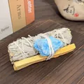 Hand-tied California white sage bundle set with Palo Santo stick and blue raw healing crystal - Blue Apatite Raw Stone + 10cm Palo Santo + 10cm White Sage