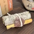 Natural California white sage incense bundle with palo santo wood and raw crystal stone - Strawberry Quartz Raw Stone + 10cm Palo Santo + 10cm White Sage