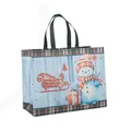 Detailed view of Christmas non-woven gift bag featuring a snowman and sleigh design - Light Blue Wood Grain Snowman Style (Christmas 10) / 43cmx32.5cmx18cm
