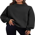 Close-up detail of women's thick black mock neck oversized sweatshirt with drop shoulder - Black