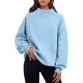 Loose light blue half-high neck fleece sweatshirt for women, autumn winter casual style - Light Blue