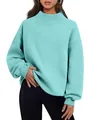 Cozy oversized turquoise mock neck fleece sweatshirt for women, loose fit casual autumn wear - Emerald
