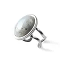 Detailed side view of a geometric silver ring featuring a large oval grey stone - Grey-White Mineral Style (BZ0238)