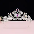Elegant silver bridal tiara with sparkling colorful crystals and a pink teardrop gem - Silver [ab]