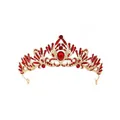 Close-up of elegant bridal crown featuring intricate gold metalwork and red rhinestones - Kc Gold [red]