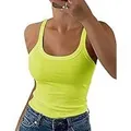 Close-up of neon yellow U-neck ribbed tank top showing slim fit and cropped design - S / Neon Yellow