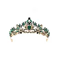 Détail d'un diadème de mariée doré vintage avec cristaux vert émeraude et noirs - Perles en Strass Vert / Or