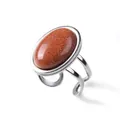 Adjustable silver-tone ring with oval brown goldstone and glitter finish - Gold Sandstone Style (BZ0234)