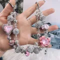 Handmade luxury beaded phone chain with pink crystal hearts and sparkly silver beads - Silver and Pink Heart Rose Style (A5-I)