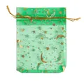 Green organza drawstring gift bag featuring elegant gold star and moon patterns for jewelry - Green