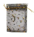 Black organza gift bag featuring gold star and moon patterns with drawstring closure - Black