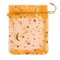 Orange organza drawstring gift bag with gold star and moon foil print for jewelry or candy. - Orange