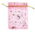 Elegant pink organza drawstring gift bag with gold foil star and moon pattern design - Pink