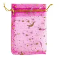 Decorative pink organza drawstring gift bag with gold stamped star and moon patterns - Rose Red