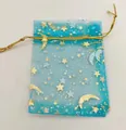 Turquoise star and moon organza gift bag with gold stamping and drawstring closure - Lake Blue