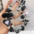 Handmade beaded luxury phone strap with crystal heart and fur ball charms - Black and White Heart Crown Pom Pom Style (A5-S)