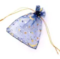 Elegant navy blue organza drawstring bag featuring gold star and moon foil patterns - Navy Blue